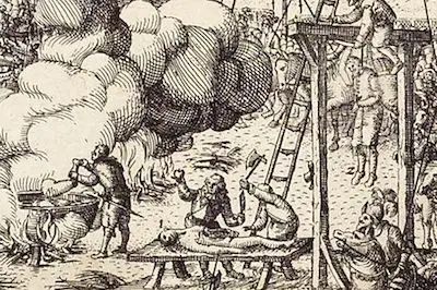 The meaning and origin of the phrase 'Hanged, drawn and quartered'.